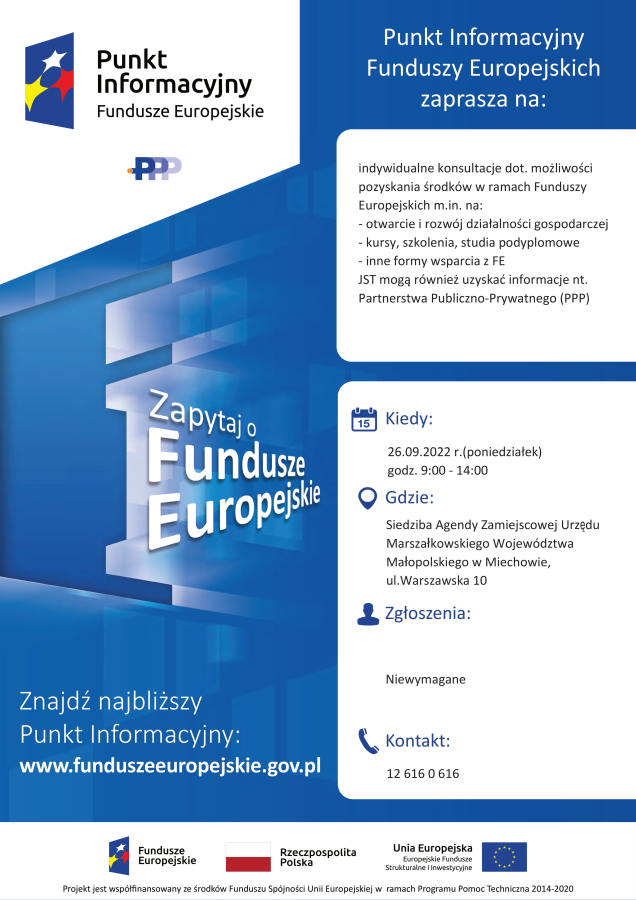 Punkt Informacyjny Funduszy Europejskich w Miechowie Agenda Zamiejscowa w Miechowie, ul. Warszawska 10
